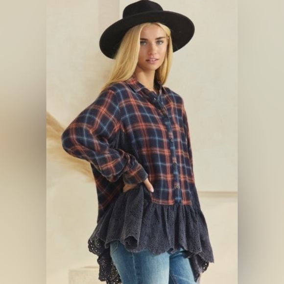 New! Oddi navy plaid & eyelet Reg. & Plus Size babydoll top - Picture 1 of 2